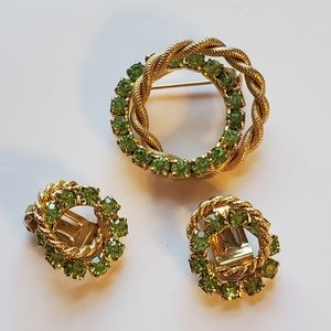 Vintage Rhinestone & Twisted Circle Brooch Earring Set